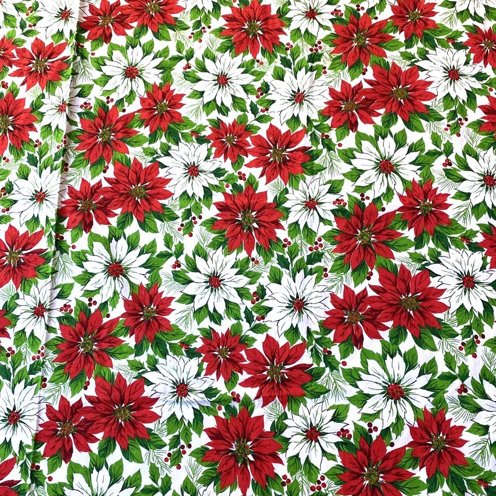 Christmas Tablecloth 1980’s Lightweight Cotton Blend Poinsettias Red Green White